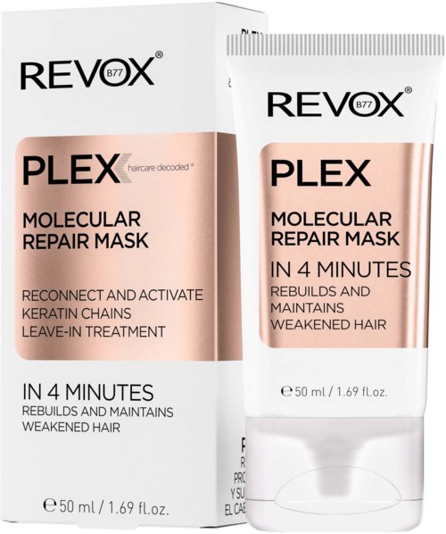Two tubes of hair repair mask with white and peach packaging, labeled 'REVORX' and 'PLEX'.