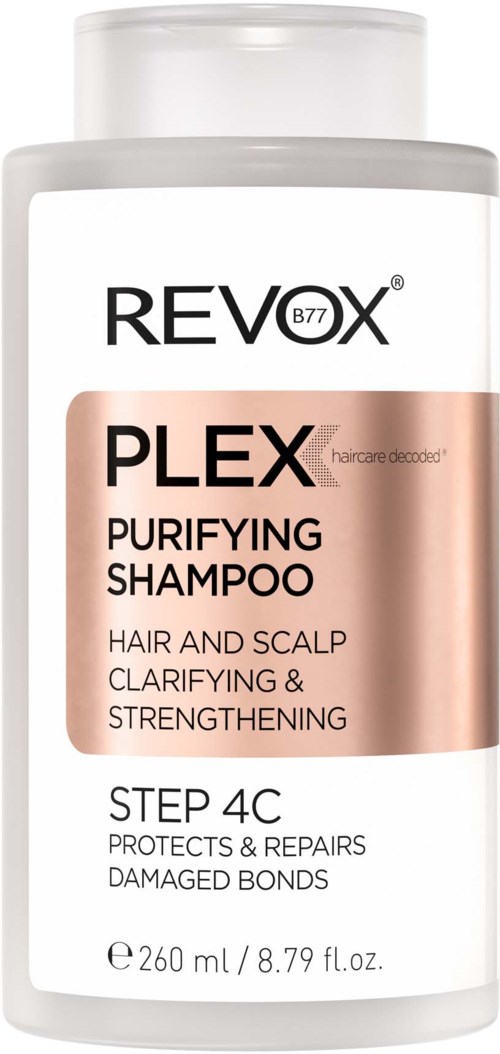 Revox Plex Purifying Shampoo for hair and scalp, strengthens and repairs damaged bonds, 260 ml bottle.