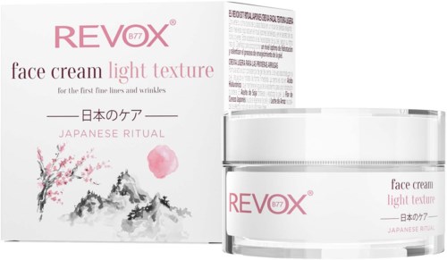Revox face cream with light texture, designed for fine lines and wrinkles, Japanese ritual theme.
