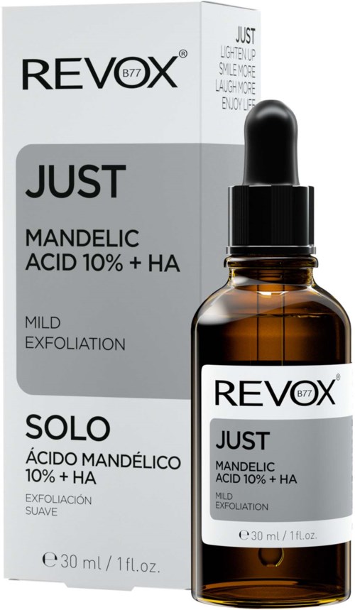 Ein Hautpflegeprodukt mit Tropfer, in einer kleinen braunen Flasche, und einer Box. Das Etikett zeigt es ist für milde Exfoliation.