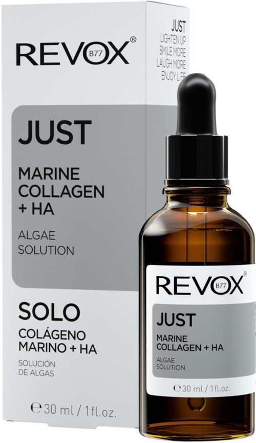 A skincare product with a dropper, labeled as marine collagen and algae solution, in a brown glass bottle.