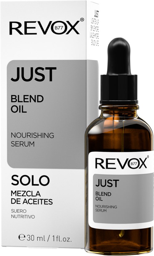 Eine Schachtel und Flasche Revox Just Blend Oil Nourishing Serum mit schwarzem Tropfenzähler, braunem Glas, einfache Etikette.