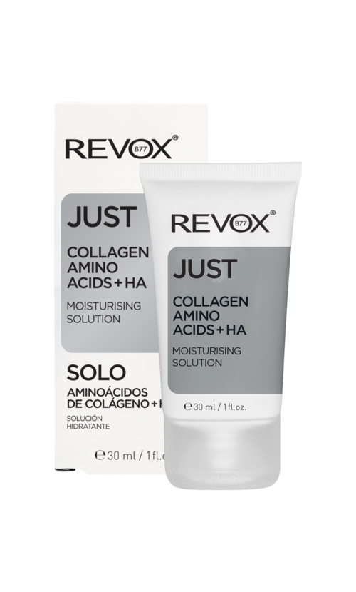 A tube of Revox Just Collagen Amino Acids+HA moisturizing solution with its box nearby.