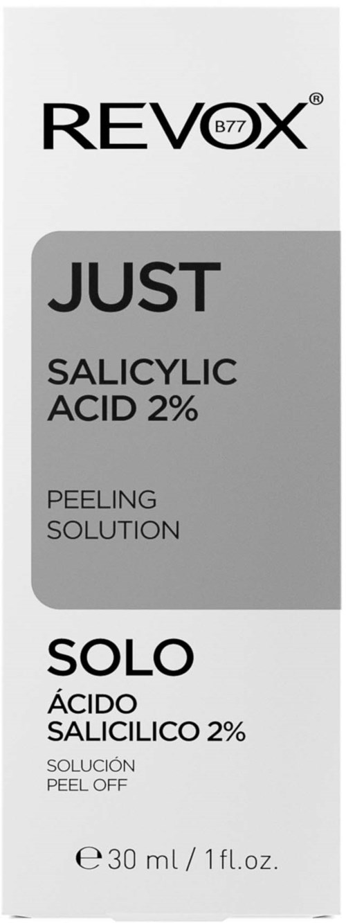 Etykieta pudełka produktu do pielęgnacji skóry zawierającego kwas salicylowy do peelingu, z tekstem po angielsku i hiszpańsku.