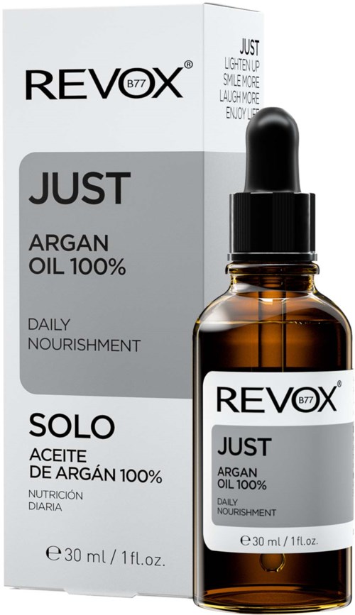 Braune Tropfflasche und Karton mit Revex Just Argan Oil für tägliche Pflege, 30 ml.