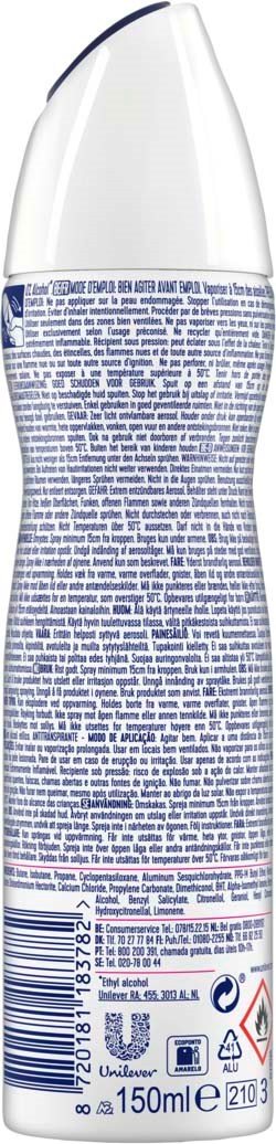 En lång, böjd deodorantstick med vit kork och en blå etikett fylld med text.