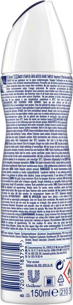 En sprayburk med vit lock och blå etikett, som innehåller textinstruktioner och symboler, rymmer 150 ml.