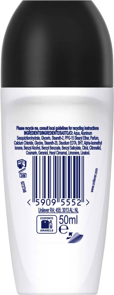The image shows a white bottle with a black cap, containing text and a barcode on the back label.