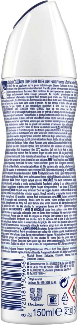 En hög, böjd behållare med vit kork, täckt av tät blå text som kan lista ingredienser eller instruktioner.