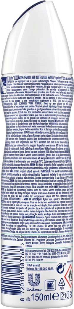 En lång, vit deodorant sprayburk med blå text och vit lock.