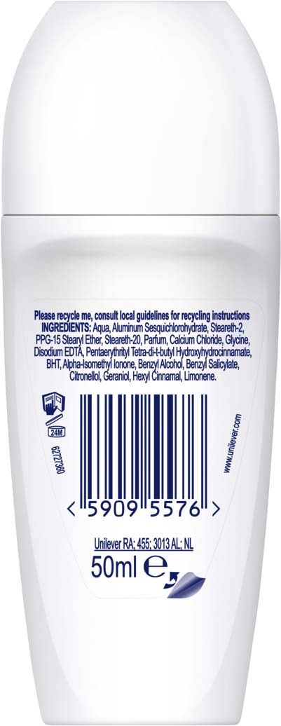 Witte fles met barcode, ingrediënten en volume-informatie, waarschijnlijk een cosmetisch of huidverzorgingsproduct.