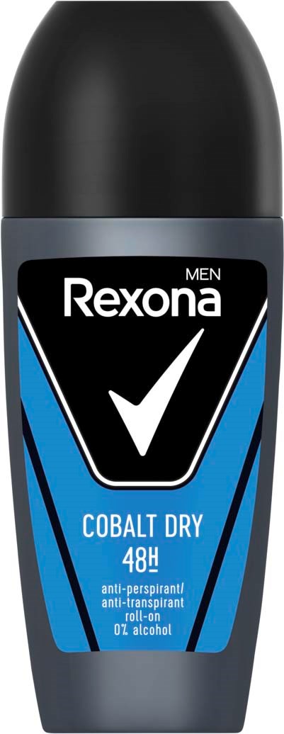 Een zwart-blauw roller deodorant van Rexona voor mannen, biedt 48 uur droogte.