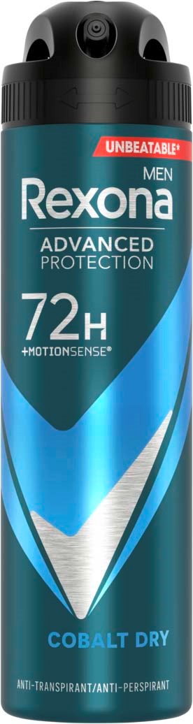 Eine Dose Rexona Männer Antitranspirant-Deo mit blauer und schwarzer Verpackung, verspricht 72 Stunden Schutz, cobalt dry Duft.