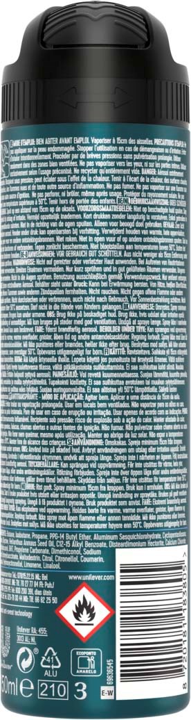 Eine hohe, zylindrische Sprühflasche mit schwarzem Deckel und dichtem Textblock in Blau. Warnsymbole am unteren Ende.