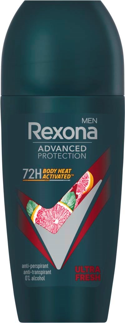 En mörkblå Rexona Men deodorantflaska med rött och rosa mönster och text om 72 timmars skydd.