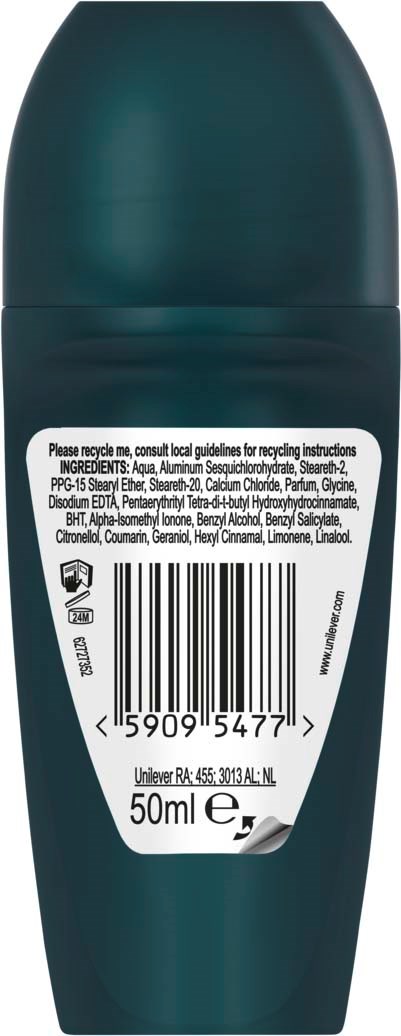 En mörkgrön flaska med en etikett som visar streckkod, ingredienser och volym på 50 ml.