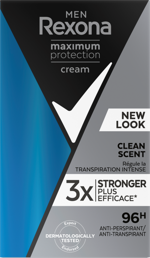 En Rexona deodorantcreme med sort, blå og grå design, der fremhæver maksimal beskyttelse og stærkere friskhed.