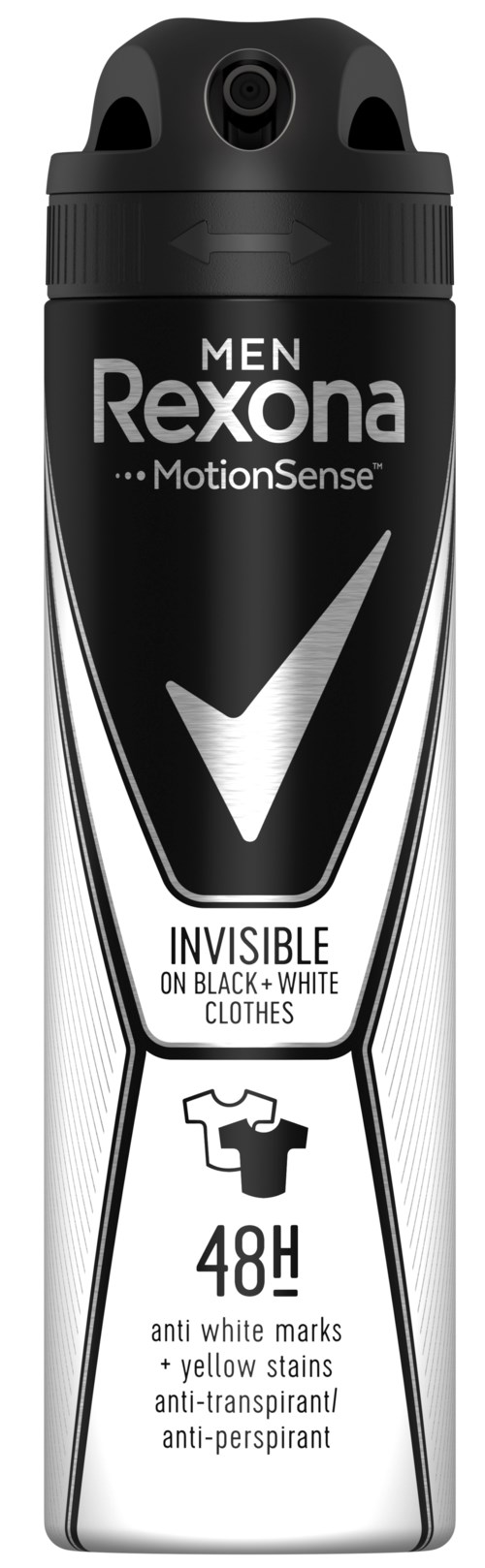 Antyperspirant w sprayu Rexona Men Invisible, trwa 48 godzin, zapobiega śladom białym, plamom żółtym i kontroluje pot.