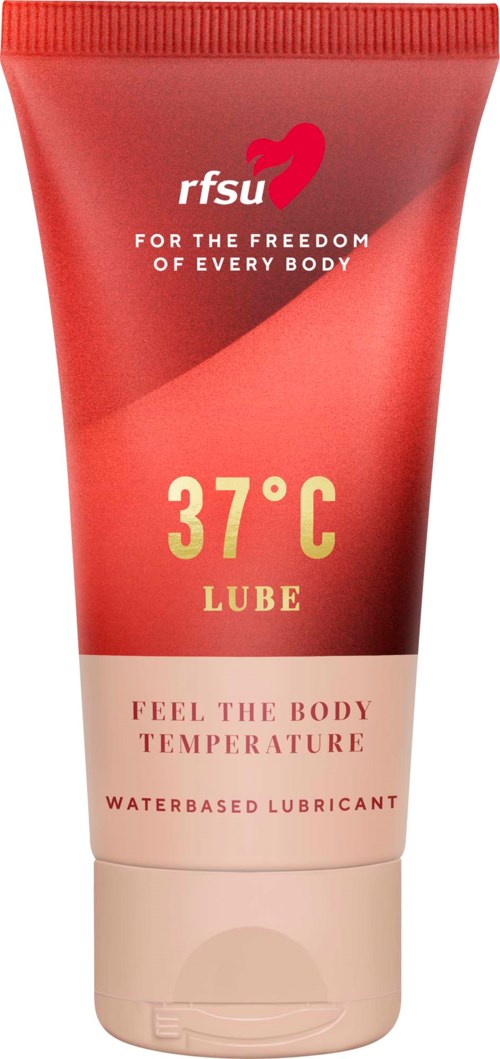 Rød tube med vannbasert glidekrem med merkevarelogo, temperatur 37°C, og slagord om kroppstemperatur.