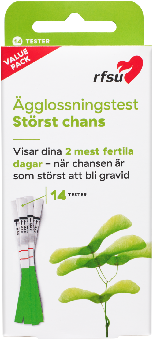 En æske med ægløningstest med grønne og hvide farver, viser teststrimler og en lille planteillustration.