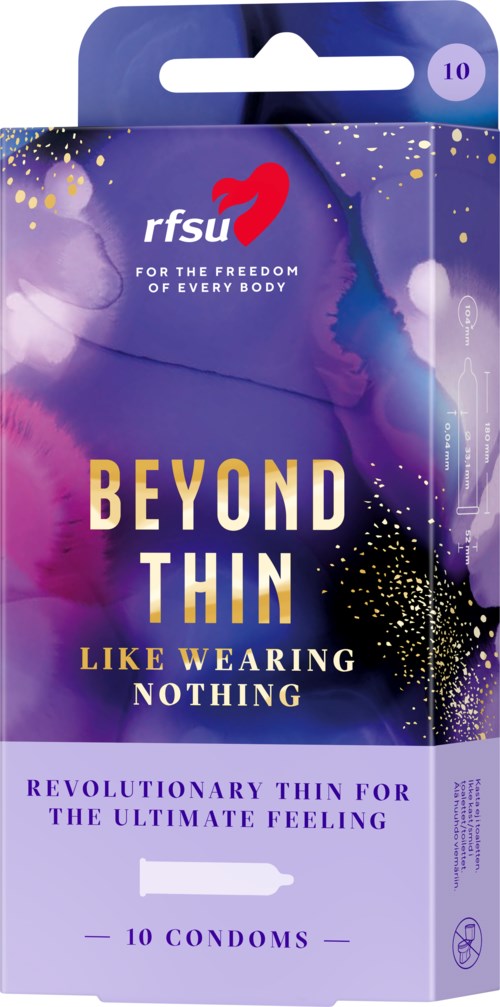 Een verpakking met 10 condooms genaamd 'Beyond Thin' door rfsu, bewerend revolutionair en zeer dun te zijn.