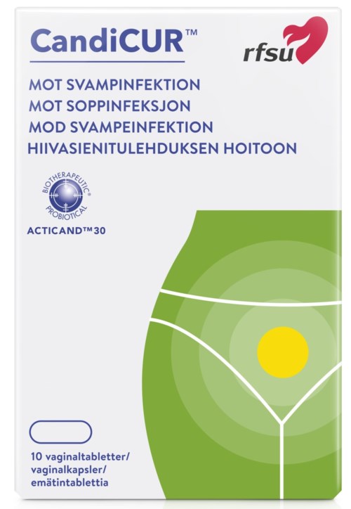 En medicinlåda som heter CandiCUR, mot svampinfektion, med 10 vaginalpiller och några logotyper och text.