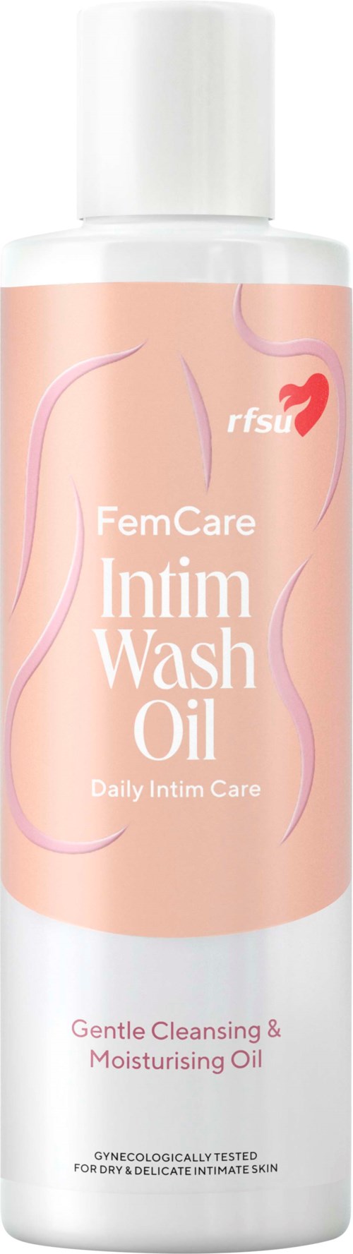 Een fles FemCare Intim Wash Oil voor zachte reiniging en hydraterende intieme verzorging.