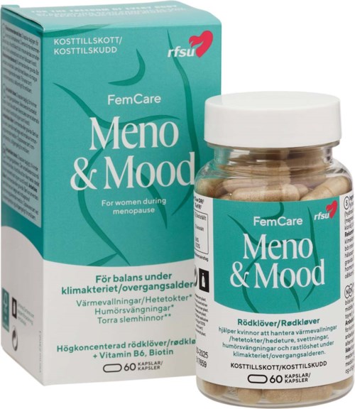 En förpackning och flaska av FemCare Meno & Mood kosttillskott för kvinnor, med örter som rödklöver och vitaminer, för menopausstöd.