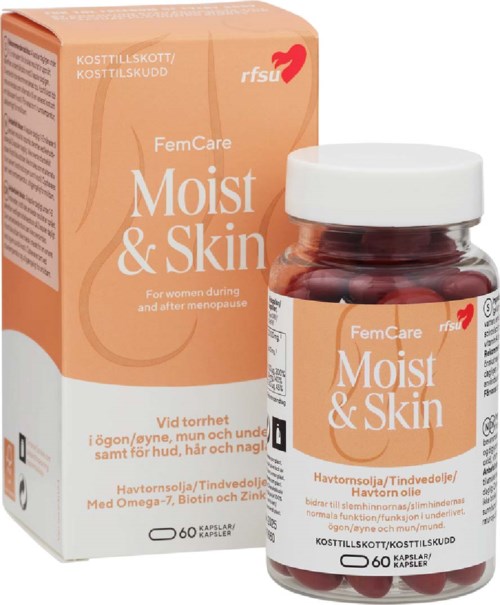 En låda och flaska med FemCare Moist & Skin kosttillskott för kvinnor, med orange och vit förpackning, innehållande 60 kapslar.