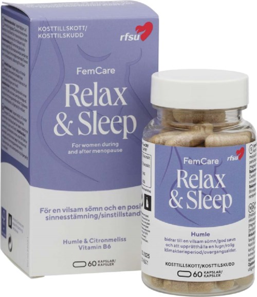 En lila låda och flaska märkt Relax & Sleep för kvinnors sömnhjälp, innehåller kapslar med örter och vitaminer.