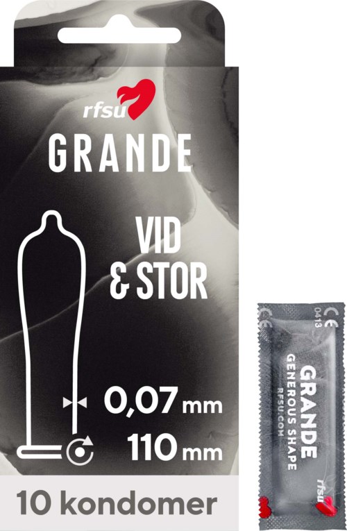 Pakning til store kondomer med diagram der viser 0,07 mm tykkelse og 110 mm længde.