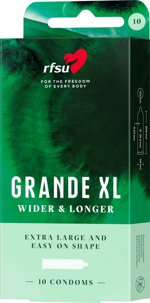 A green and white package for extra large, longer condoms from RFSU, containing 10 condoms. The package mentions comfort and ease.