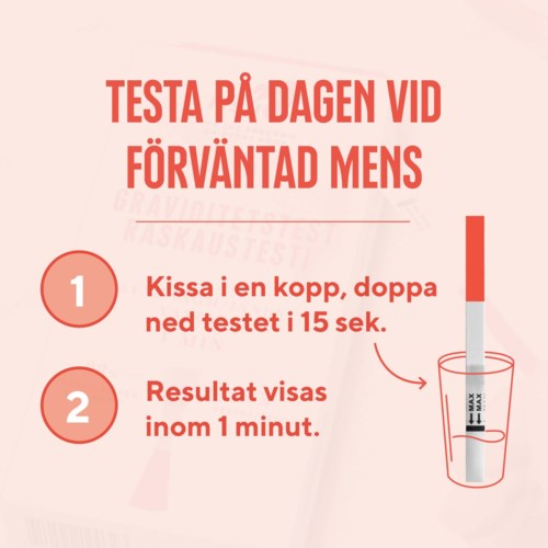 Instructies voor een urine test: kus de beker, doop de test 15 seconden, wacht 1 minuut op de resultaten.