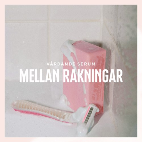 Swedish text on a soap dish with soap and a shower brush in a bathroom. The soap is pink.