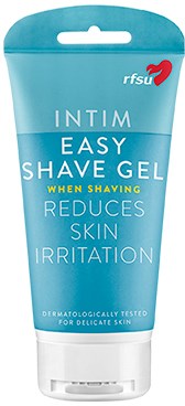 A blue tube of Intim Easy Shave Gel with red logo, promoting less irritation and smooth shaving.