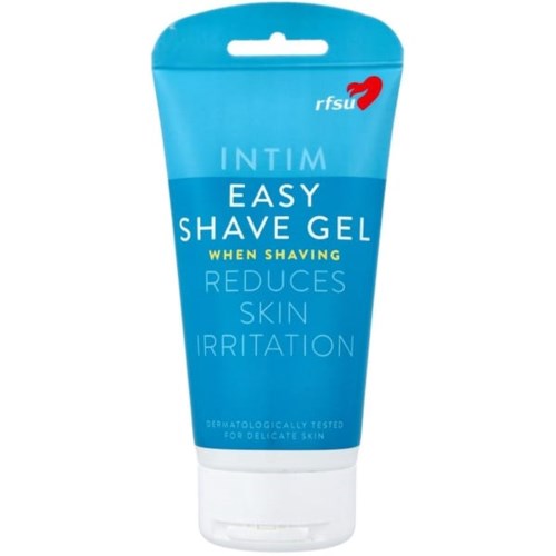 Blue tube of shave gel with white cap, labeled "INTIM EASY SHAVE GEL" for gentle use.