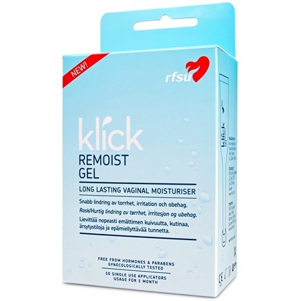 Blå box med röd hjärta, innehåller gel för vaginal fukt, testad för säkerhet, för en månads användning.