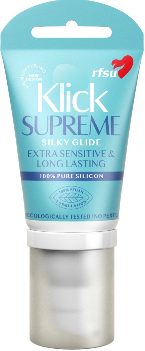 En tube med silikon glide-lubricant i blå og hvit emballasje, merket for sensitiv hud og langvarig bruk.