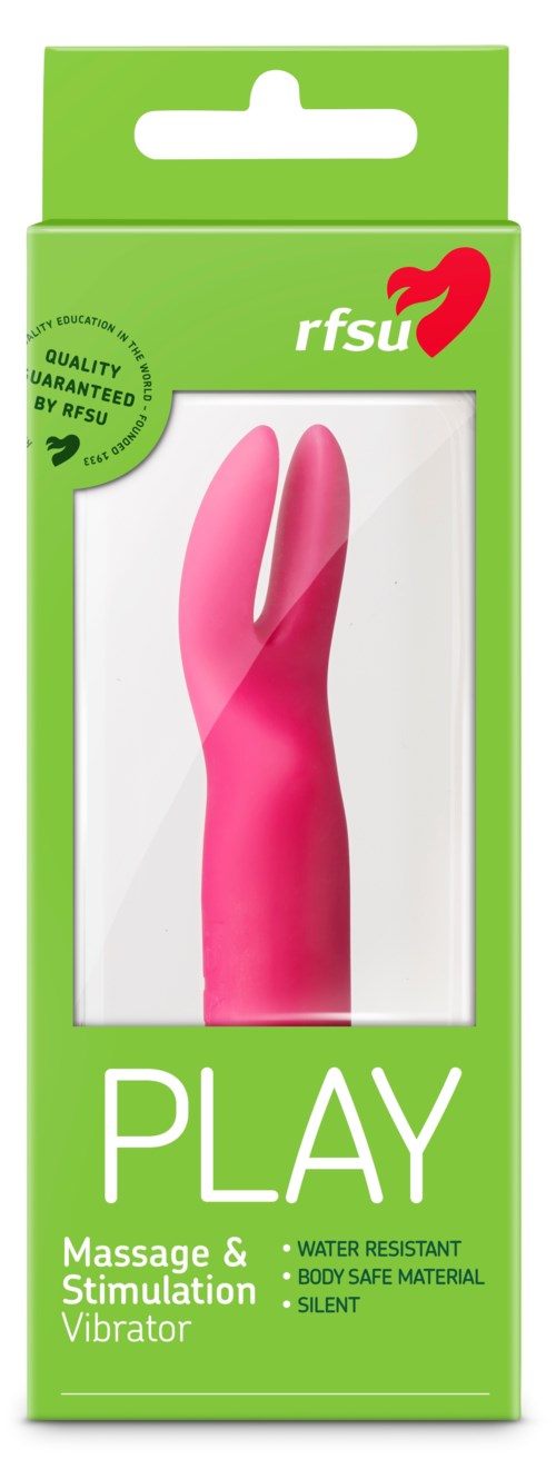 Rosa kaninlikformad vibrator för massage, stimulering, vattentålig, kroppssäkert material, tyst, i grönt förpackning.
