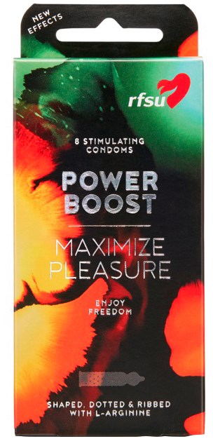 Pakken viser en logo, produktnavn og reklame for stimulerende kondomer kaldet Power Boost.