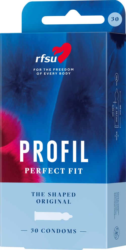 A blue box contains 30 condoms with the Rfsu logo and description of perfect fit. It has text and symbols.