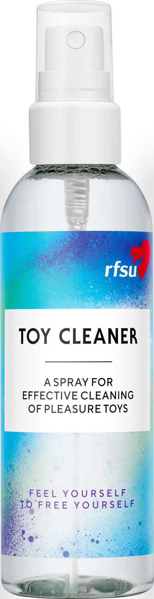 Doorzichtige sprayfles met 'Toy Cleaner' voor het reinigen van plezier speelgoed, met blauwe en paarse ontwerp elementen.
