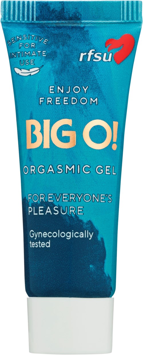 En blå tub med vit lock, märkt 'BIG O!', 'Orgasmic Gel' och 'För allas nöje', vilket indikerar en personlig produkt.