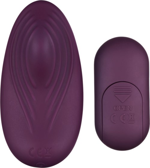 En lila enhet med slät, oval form och en mindre, liknande lila komponent med pilar och text.