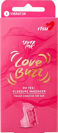 Enkelt rosa förpackning med text som marknadsför en fingervibrator för kvinnor, kallad Love Buzz, av RFSU.