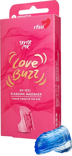 En rosa låda innehåller en fingervibrator kallad Love Buzz för kvinnor, med en blå vibrator.