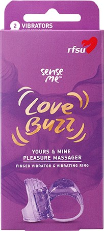 Ett lila förpackning för en fingervibrator och vibrationsring, med orden "Love Buzz" och lekfulla gula linjer.