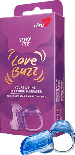 rosa och lila förpackning för en Love Buzz nöjesmassage finger vibrator och vibrerande ring.