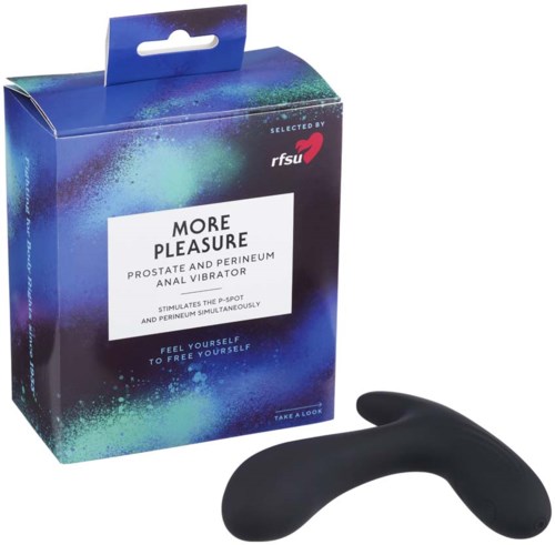En låda med blå och gröna färger och en svart kurvad vibrator utanför lådan.
