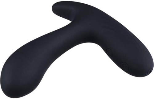 En svart, böjd, ergonomisk sak med knappar, troligtvis en massageapparat eller vuxenprodukt.